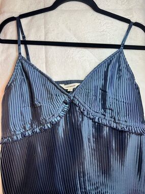 Lucky Brand Navy Pleated Satin Slip Dress with Ruffle Detail